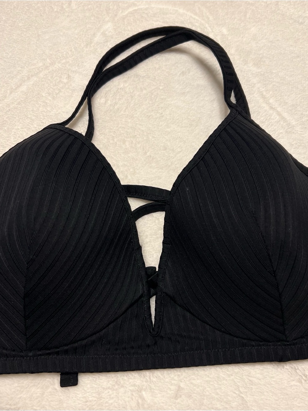 Shade & Shore Black Ribbed Halter Swim Top with Front Straps